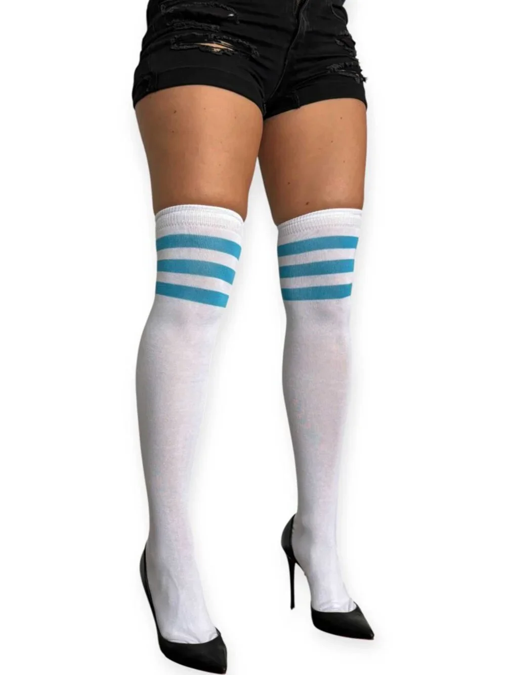 White and Turquoise Over the Knee Socks for Women